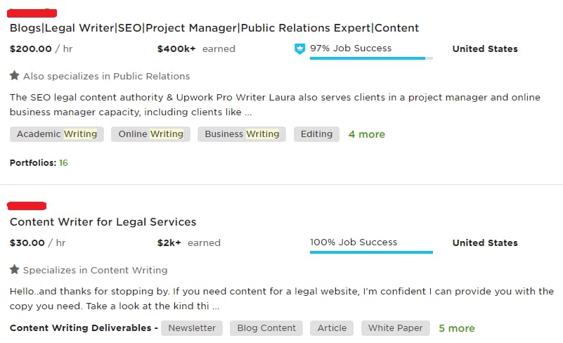 "legal writers" on platforms like Upwork