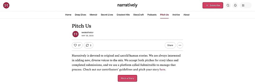 Narratively pitch page for article submissions.