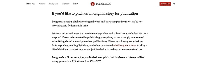 Get paid to write articles for Longreads by going to their article pitch instructions page.