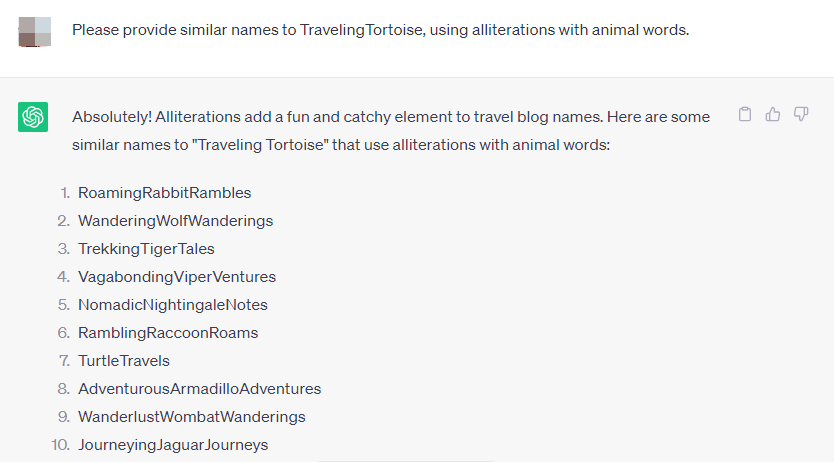 Asking ChatGPY for blog names with alliterations.