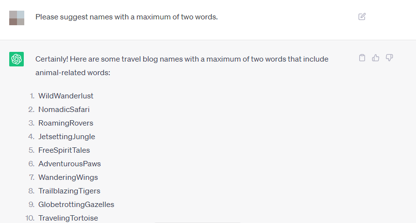 Asking ChatGPT for blog names with two words.