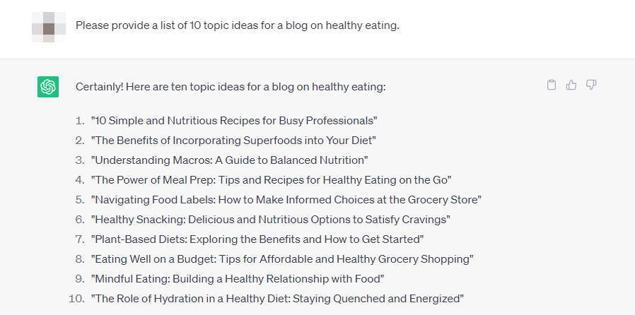 ChatGPT response to a prompt asking for 10 topic ideas for a blog on healthy eating.