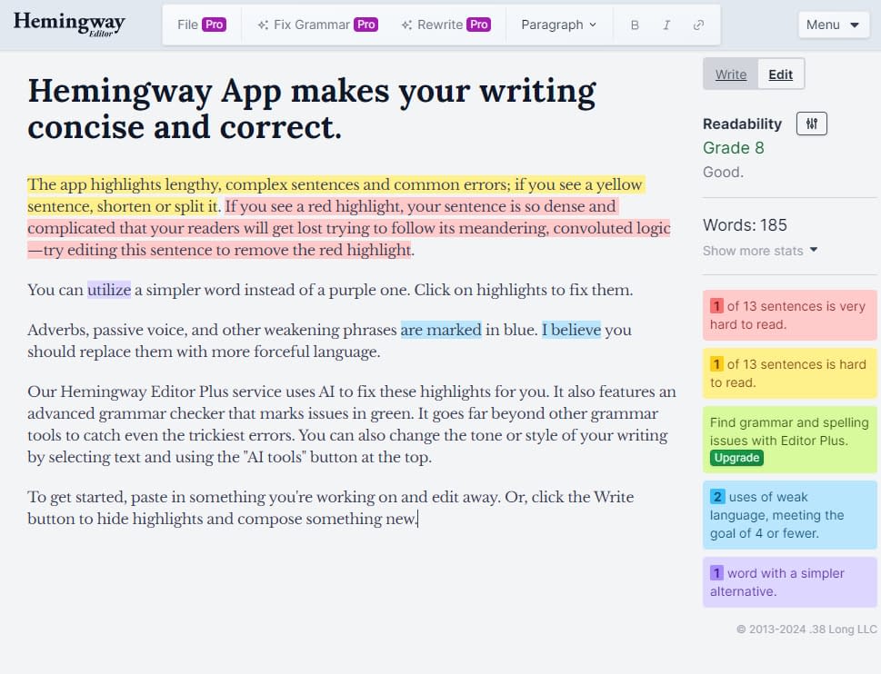 The interface for the Hemingway spell check tool.