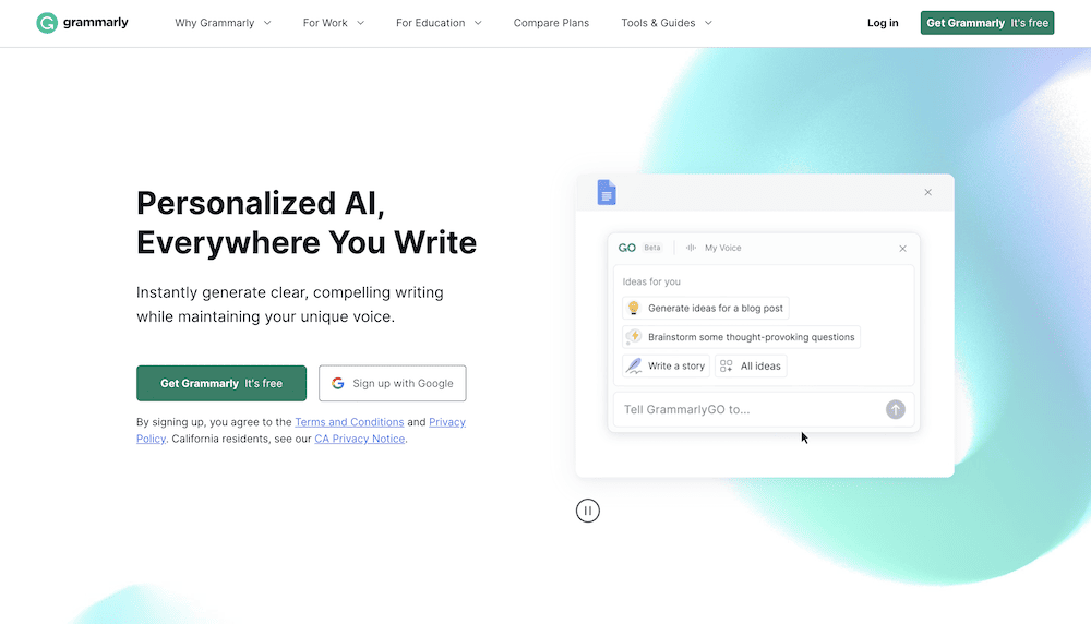 The Grammarly home page for Quillbot vs Grammarly comparison.