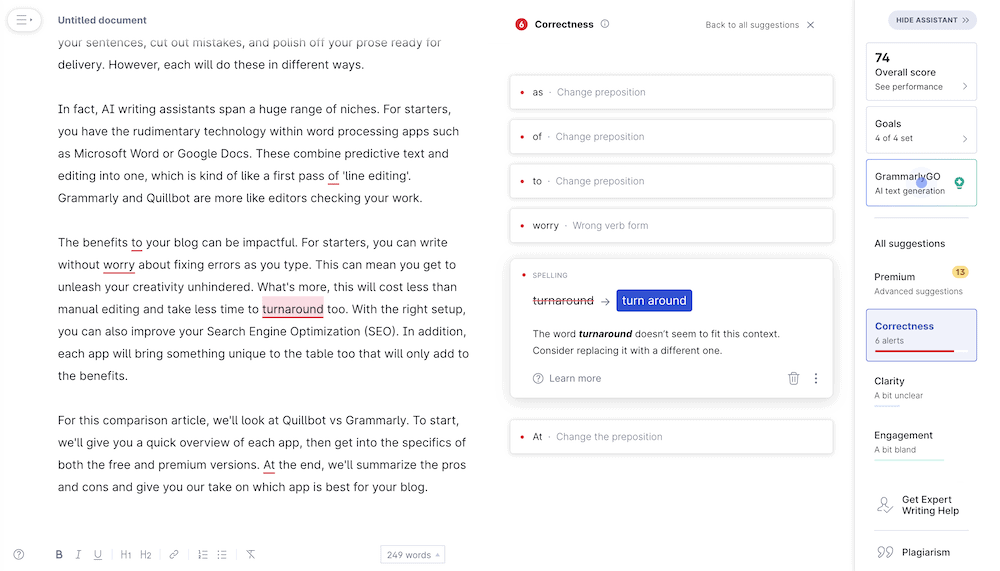 Running through Grammarly suggestions, with suggestions for what to change.