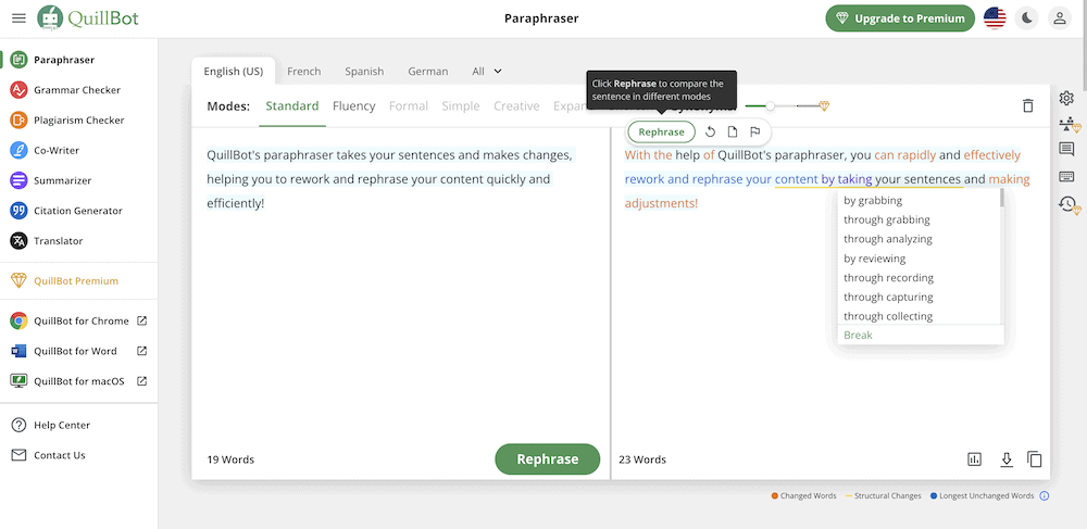 The full Paraphrasing Tool in Quillbot, using the Rephrase functionality to improve a sentence.