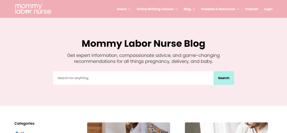 Homepage for Mommy Labor Nurse Blog, one of the best parenting blogs, featuring a prominent search bar.