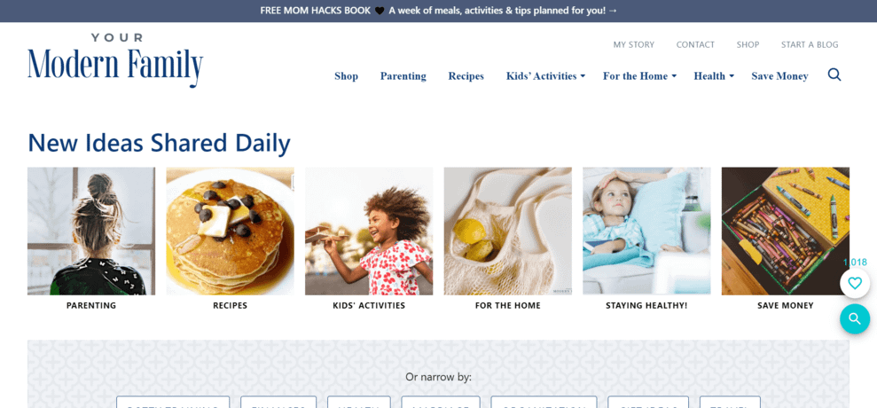 Screenshot of Your Modern Family, one of the best parenting blogs, with images for different categories like "parenting", "recipes", and "kids' activities".
