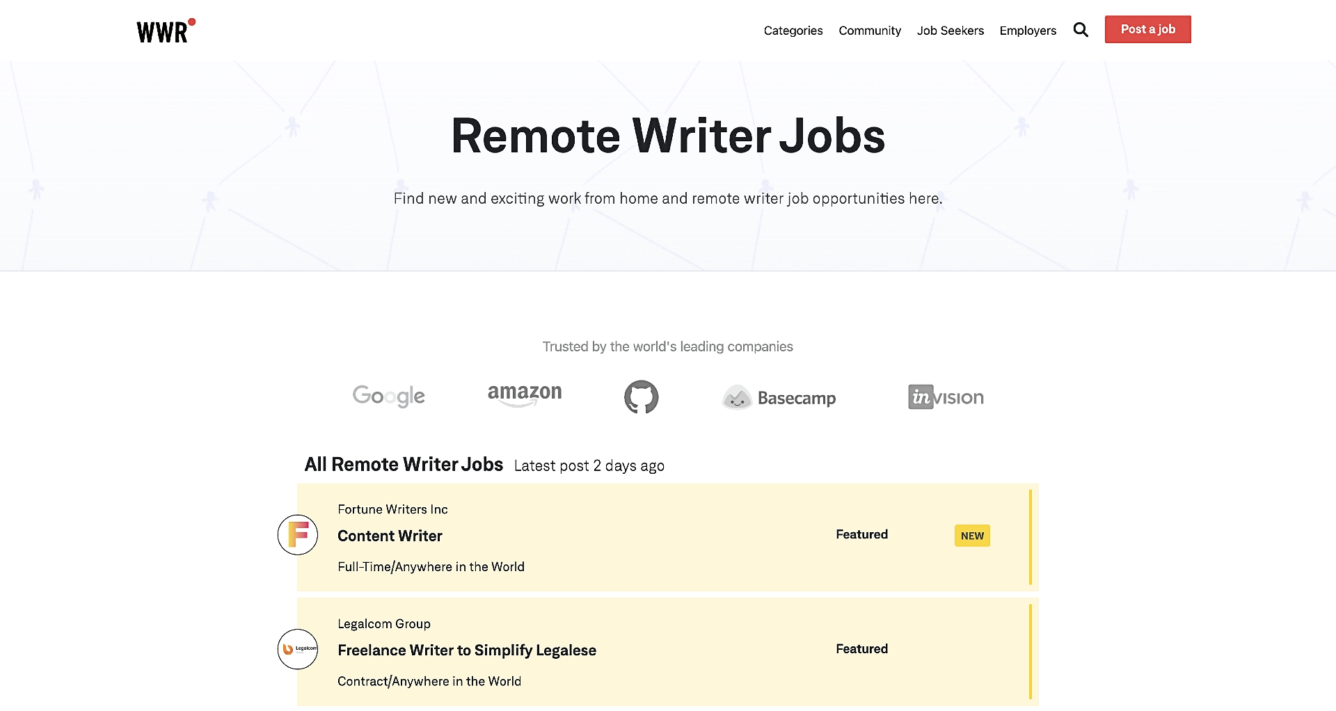 We Work Remotely remote writer jobs board.