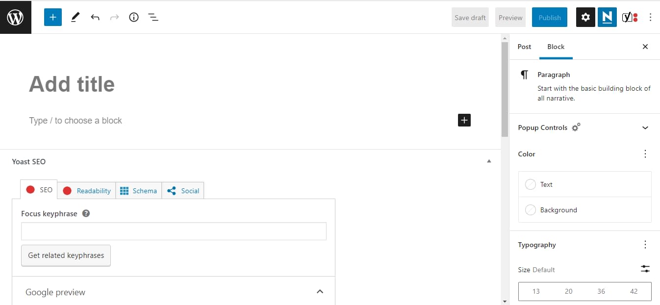 Opening a up a new blog post inside the WordPress Block Editor.
