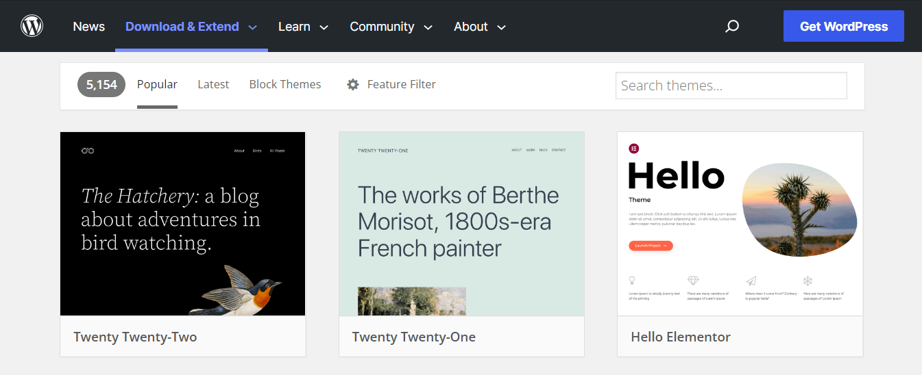 Browsing WordPress themes in the WP-admin dashboard.