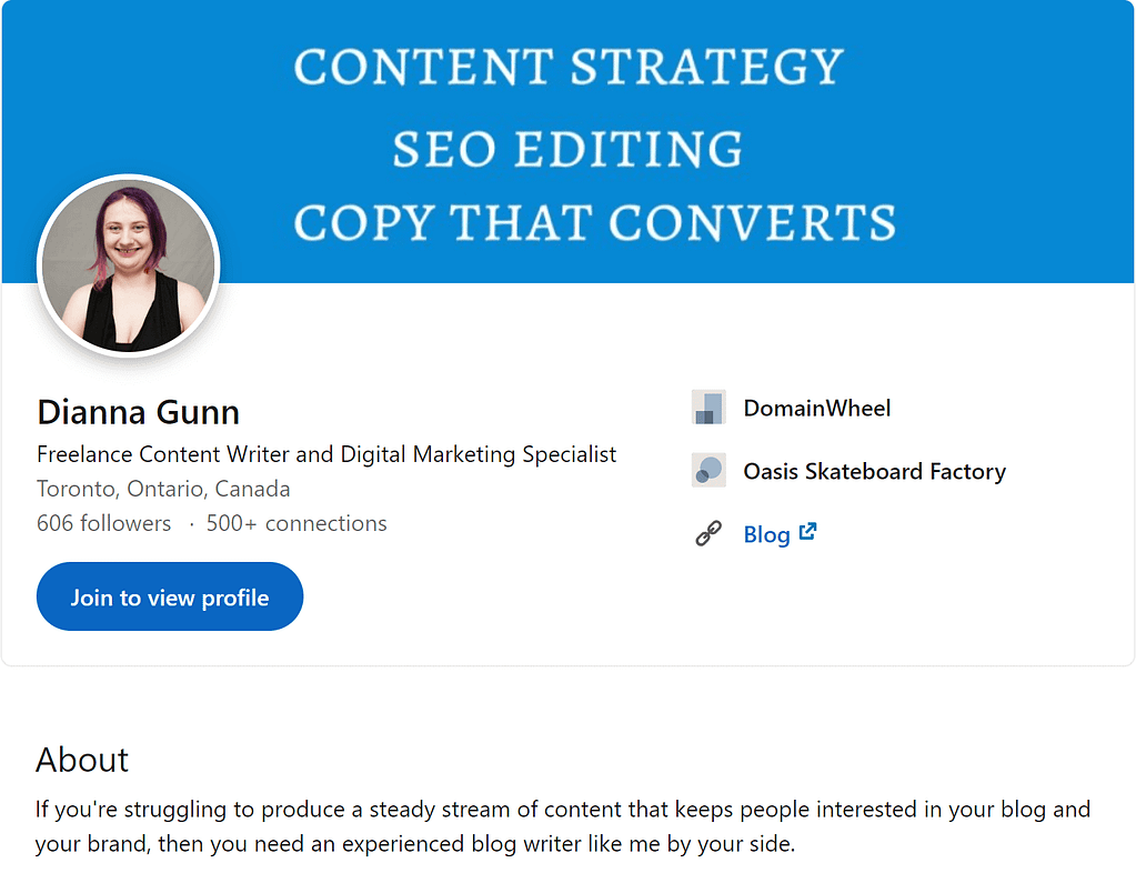 How to start freelance writing - LinkedIn profile example