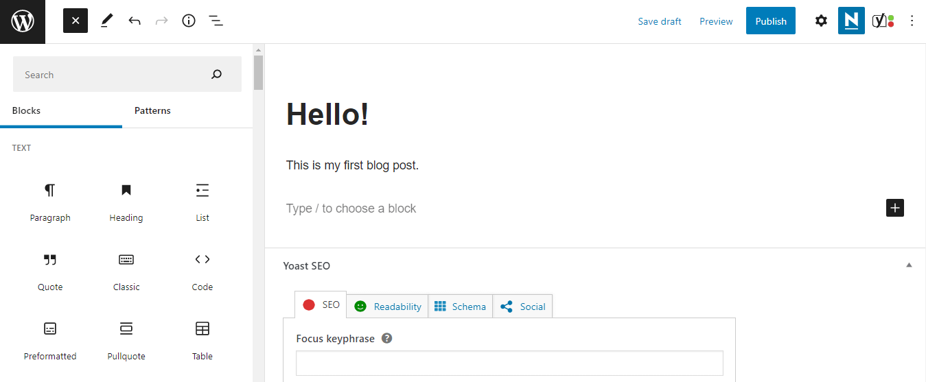 Adding a new block to a blog post inside the WordPress Block Editor.