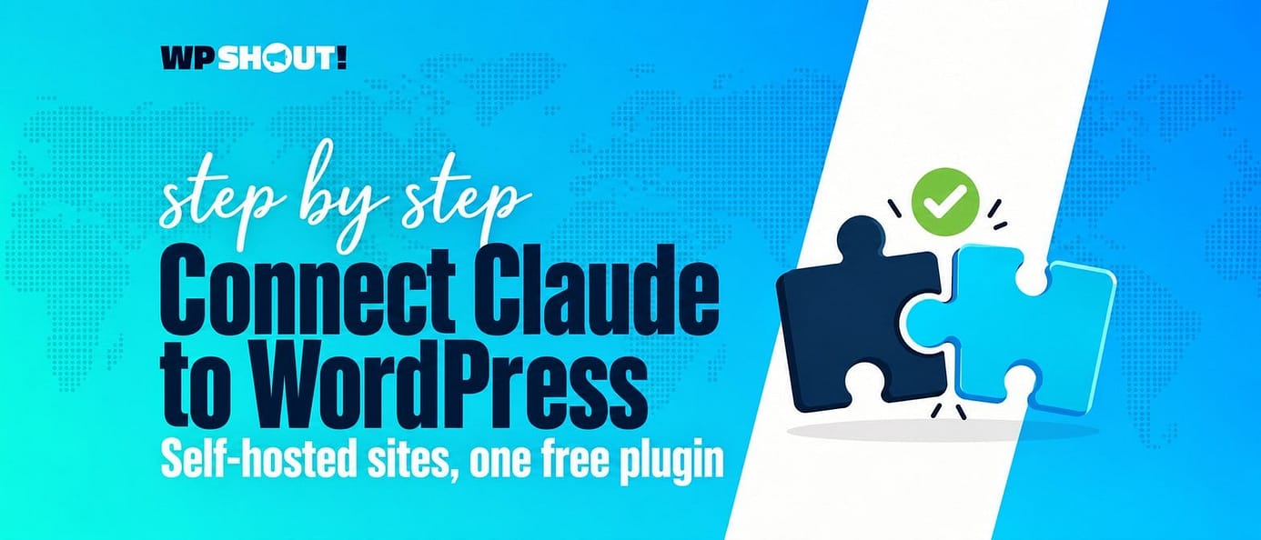 WPShout hero for Connect Claude to WordPress: two interlocking puzzle pieces under a green check