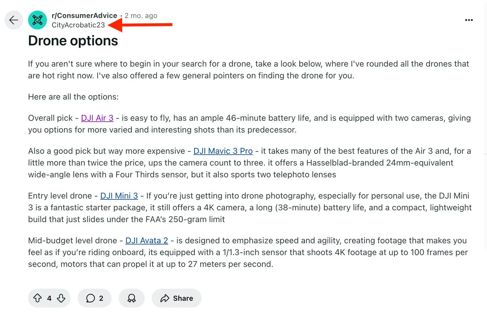 Reddit parasite SEO thread with links to an affiliate drone site.