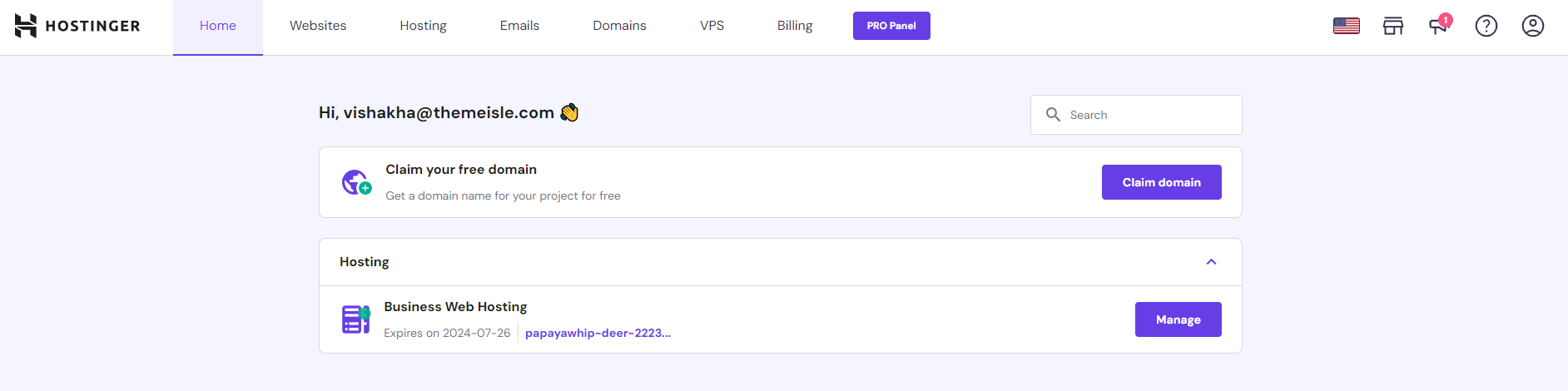 Hostinger dashboard.