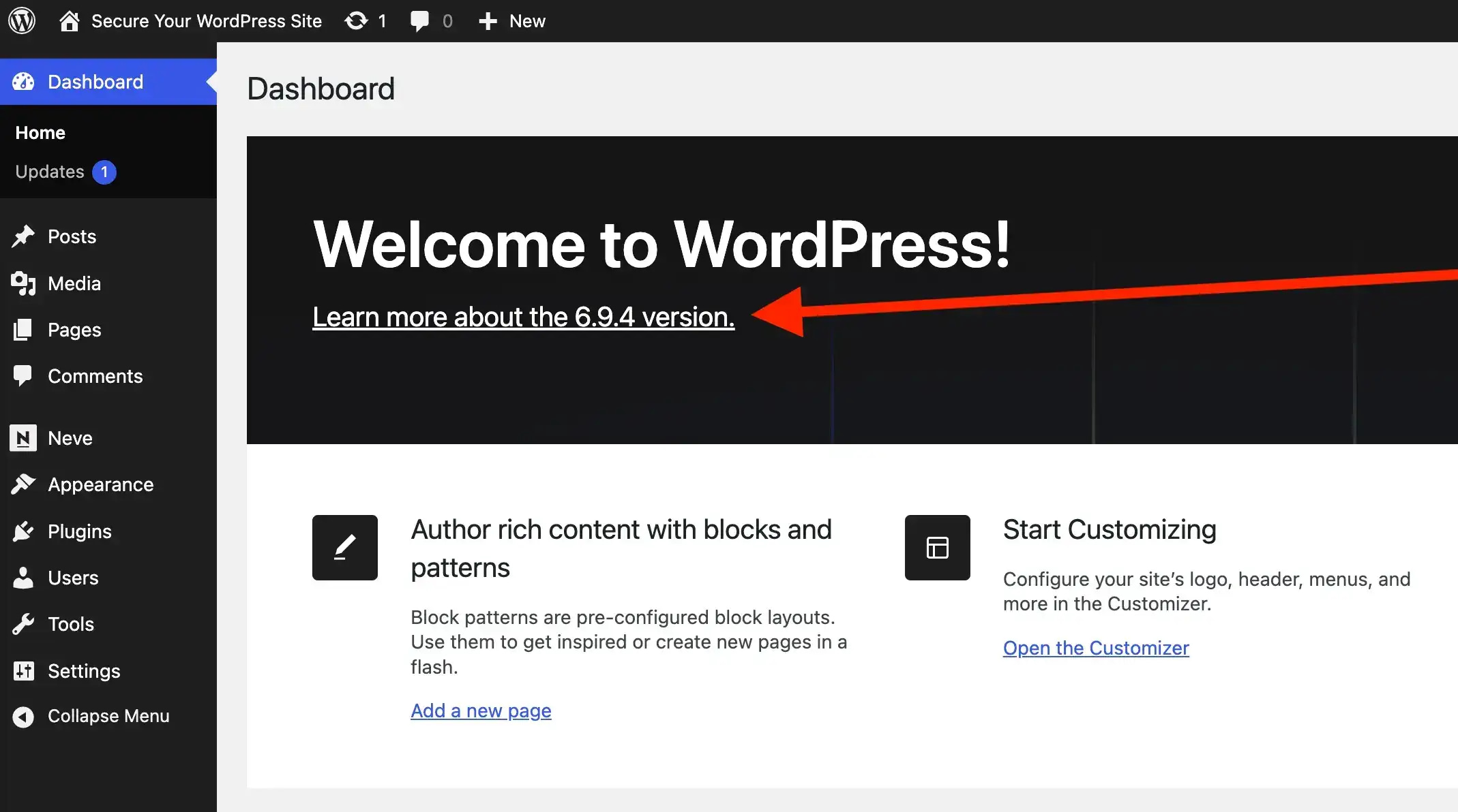 Viewing the WordPress version in the wp admin dashboard