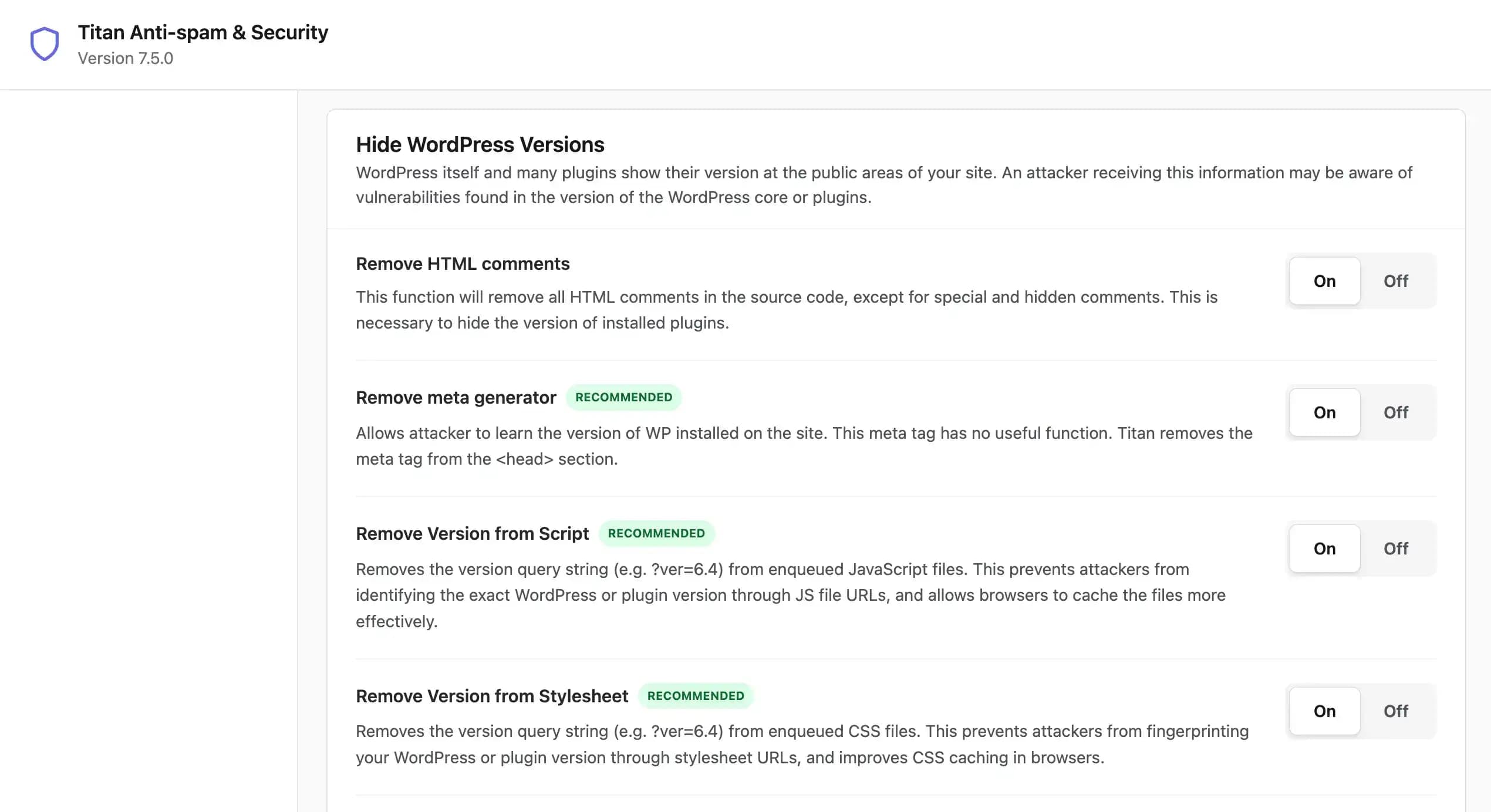 Hide WordPress versions with Titan plugin