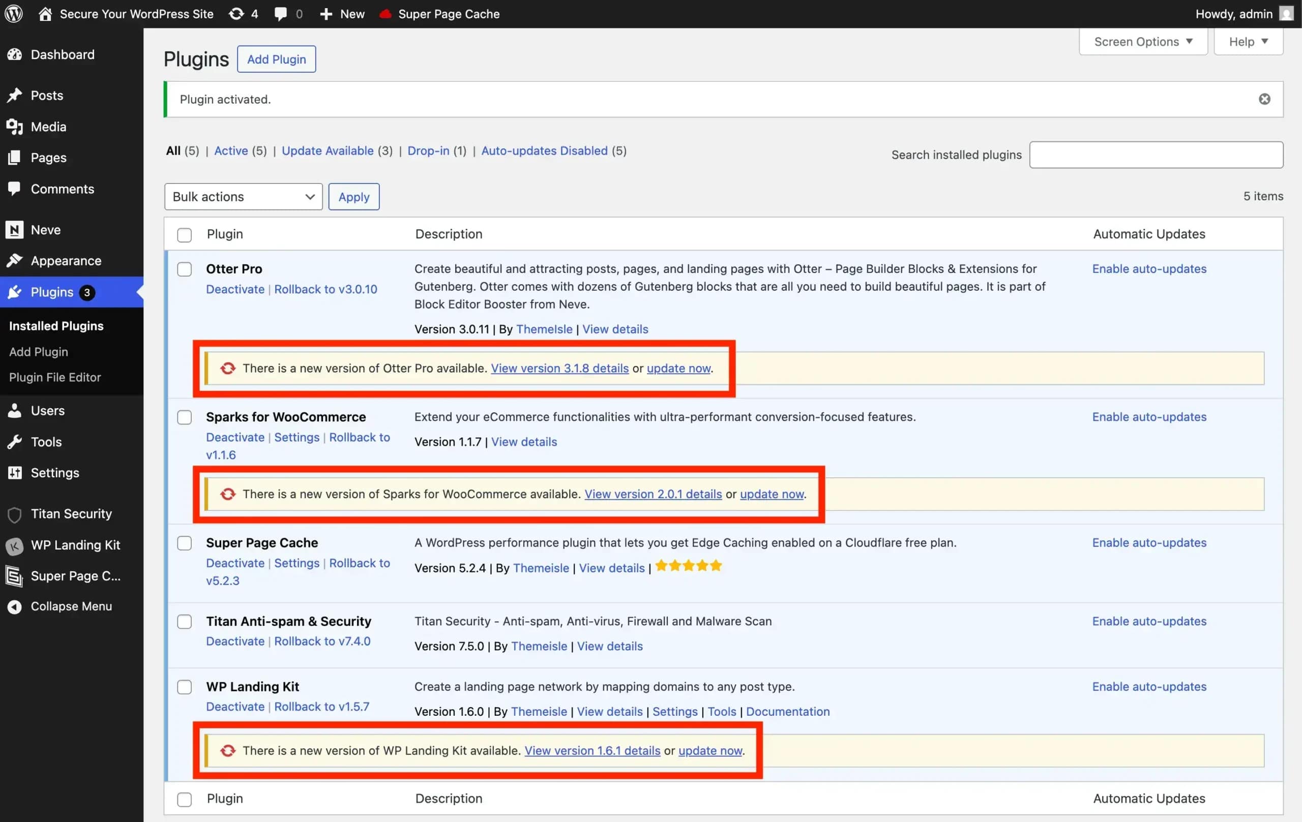 Notifications to update WordPress plugins in wp admin