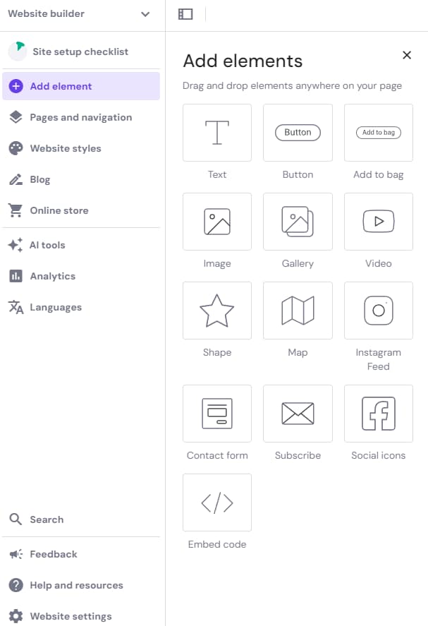 Add elements menu from the Hostinger website builder.