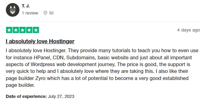 Hostinger review from TJ on TrustPilot.