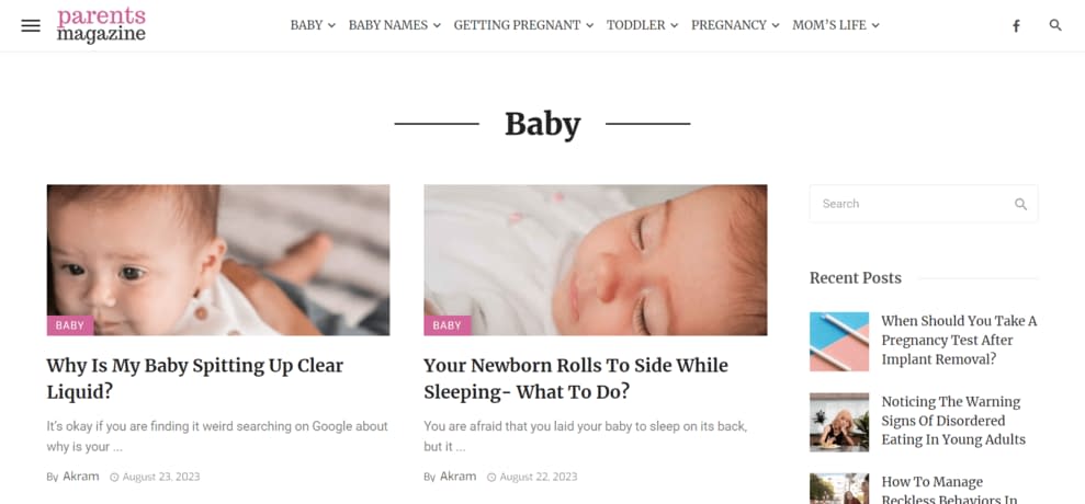 Parents Magazine "Baby" section with two blog posts featured in the main area and more recent posts shared in a column on the right side of the page.