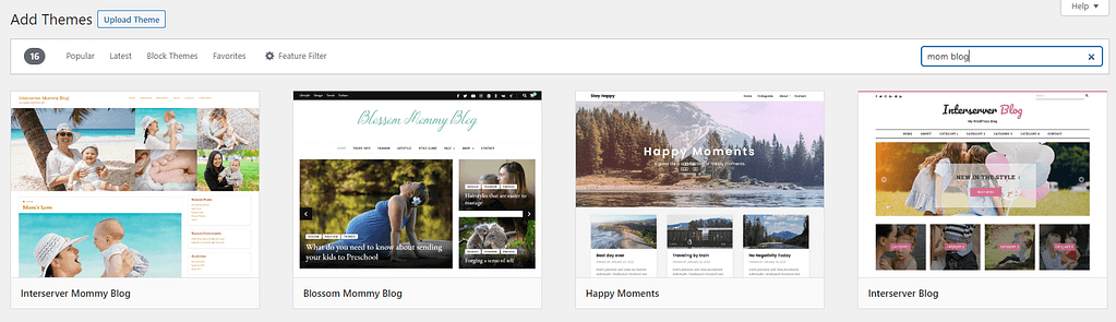 How to start a mommy blog: Theme library with "mom blog" search results visible