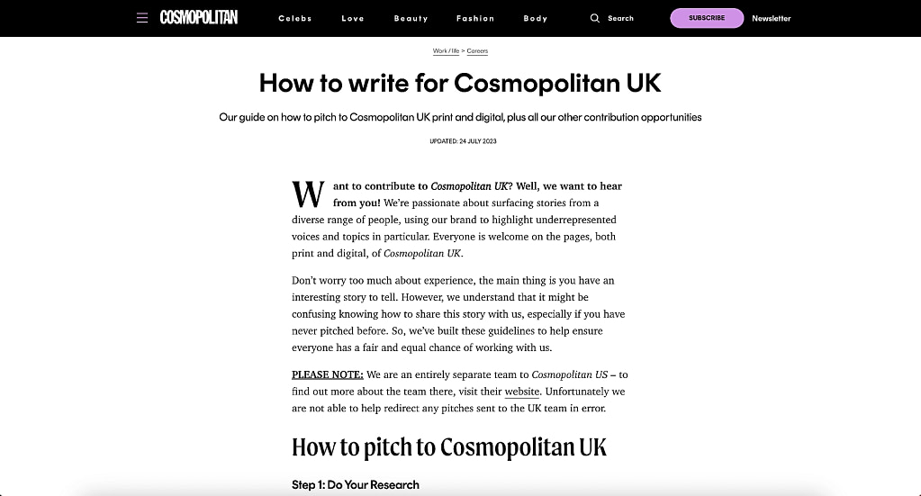 Cosmo UK article pitch submission page.
