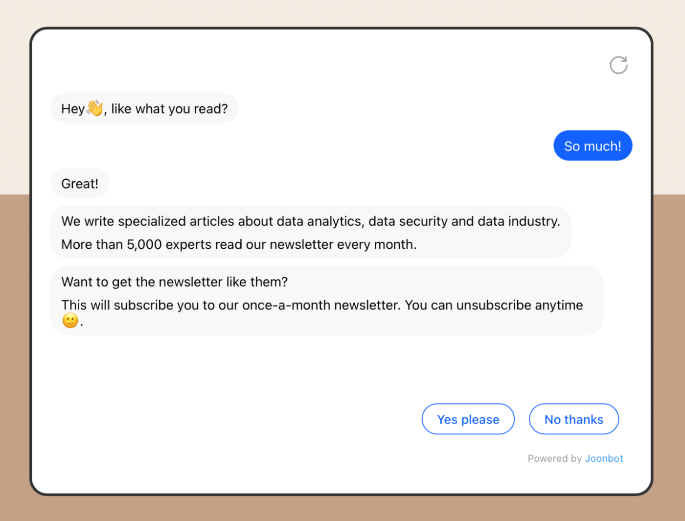 A chatbot prompting an email list sign-up.