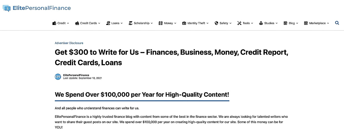 Get paid to write articles for ElitePersonalFinance by going to their pitch page.
