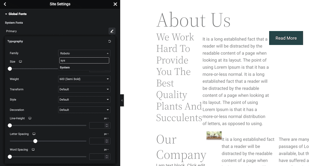 Changing fonts within Elementor from Roboto to system.