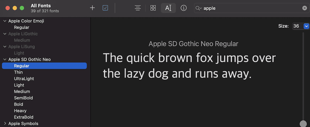 System fonts showcased in the Apple Font Book app.