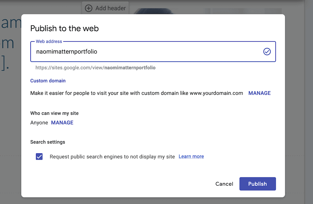 The Publish dialog for Google Sites.