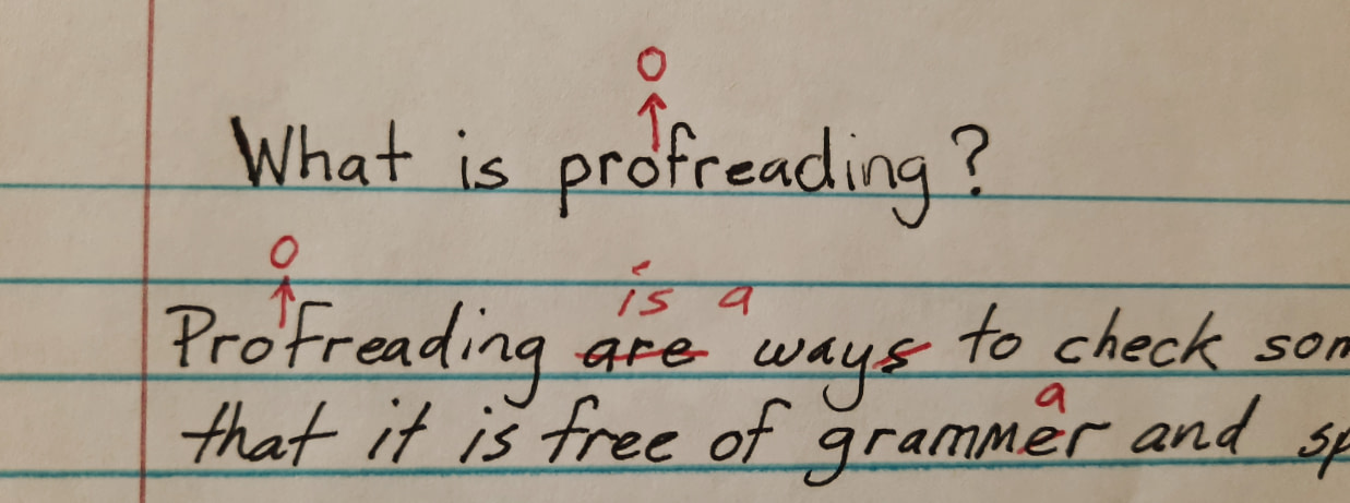 A piece of handwritten text in black ink, with mistakes that are corrected using red ink to show what proofreading is.
