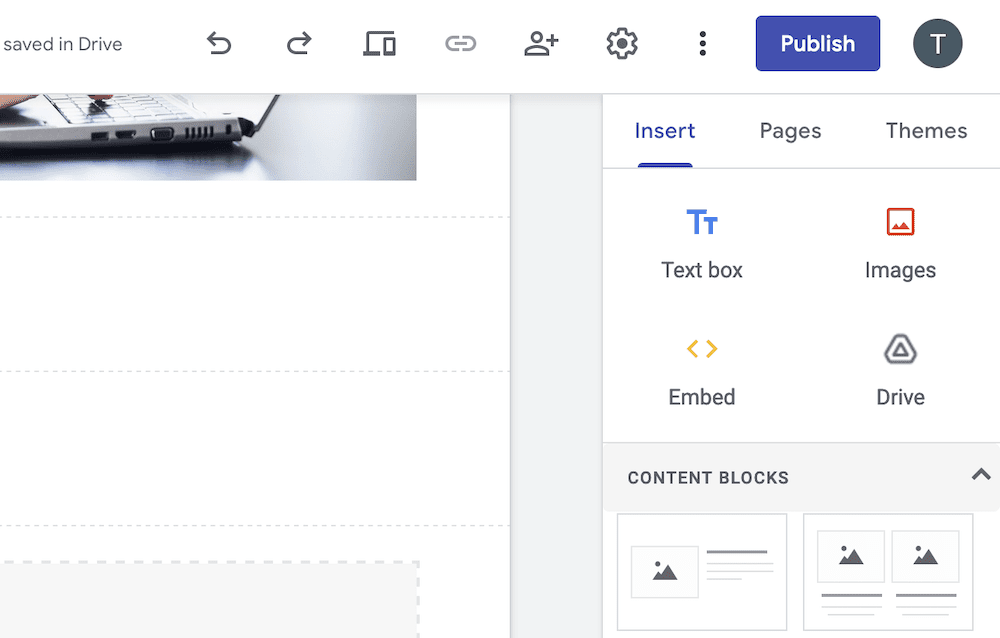 A close-up of the Insert sidebar on Google Sites.
