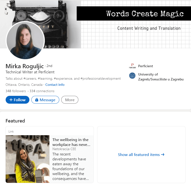 Mirka Roguljic technical writer profile on LinkedIn
