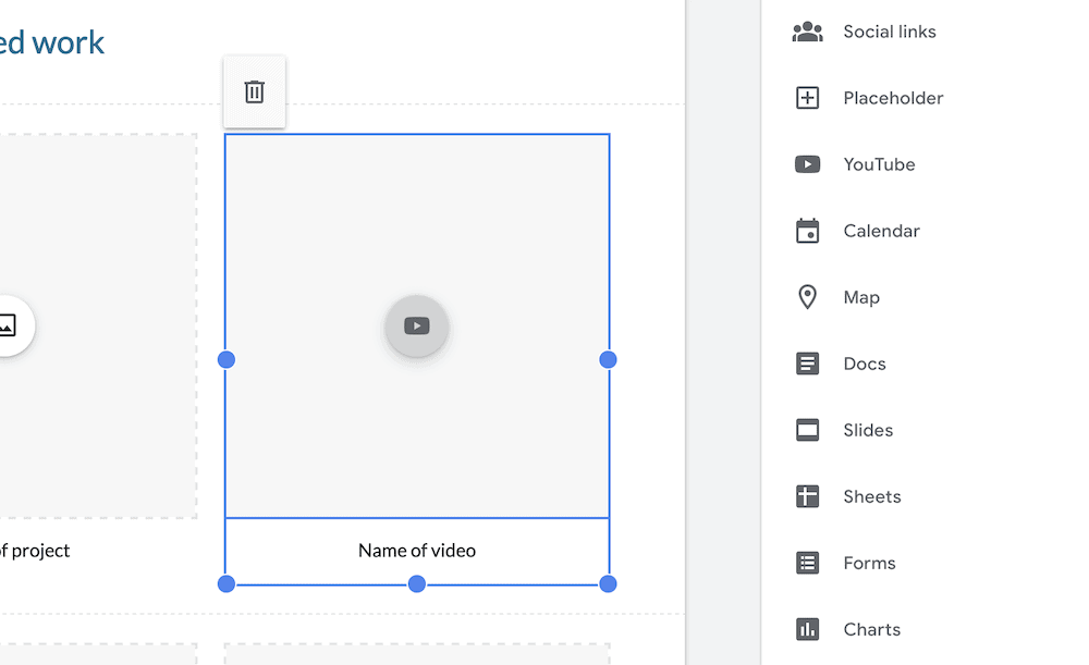 A portion of the Insert sidebar on Google Sites showing different embed options.