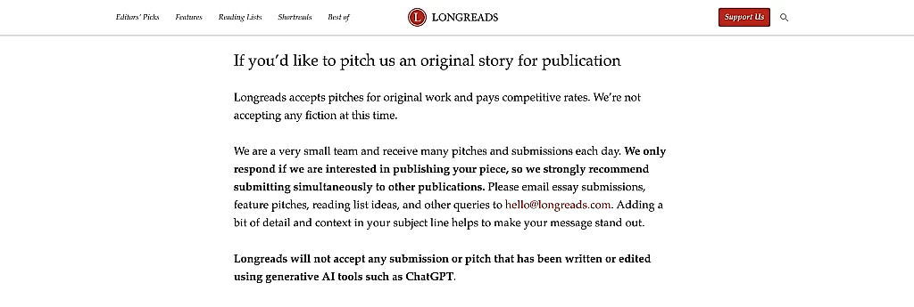 Get paid to write articles for Longreads by going to their article pitch instructions page.
