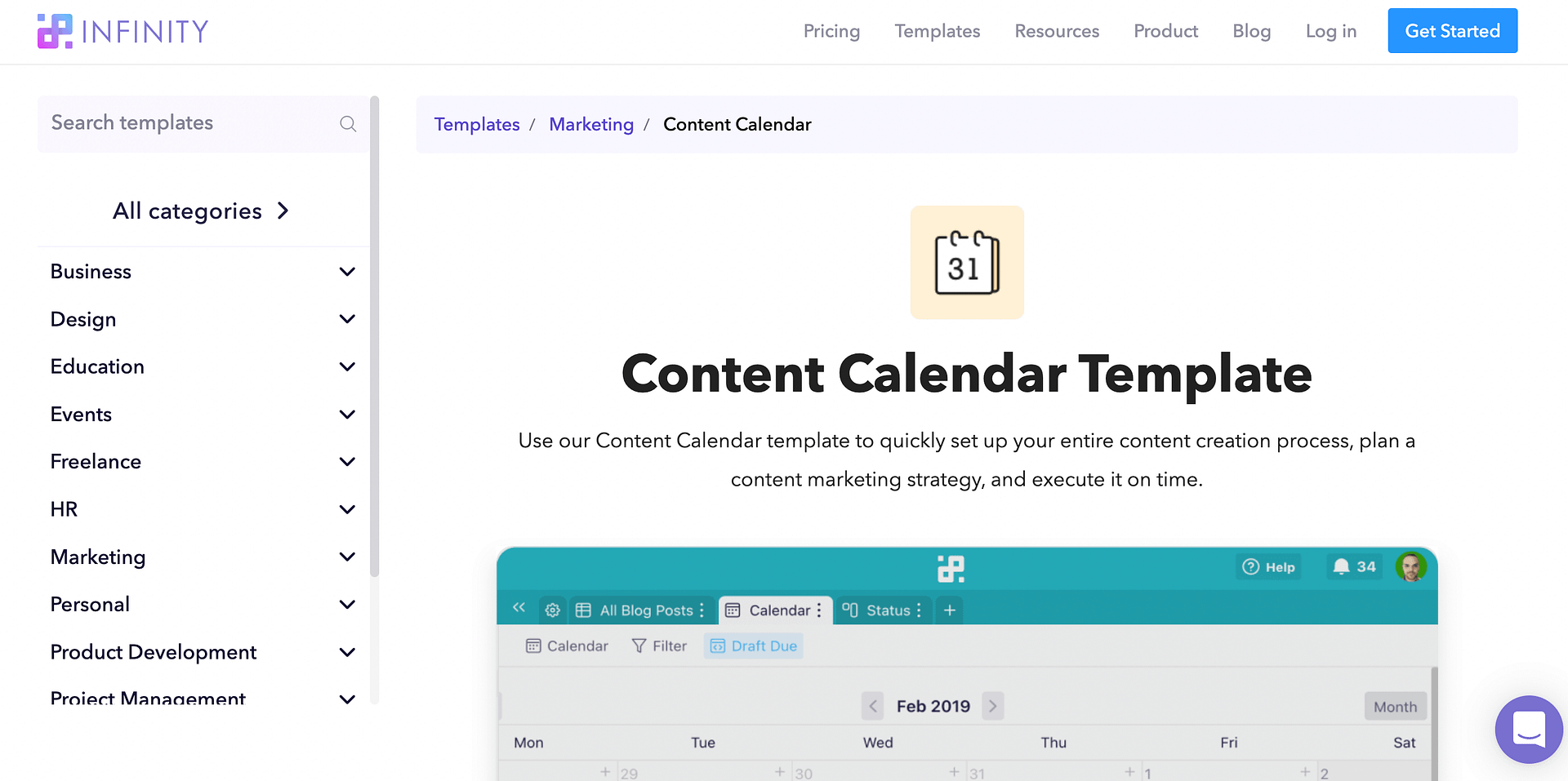An example of an Infinity content calendar template
