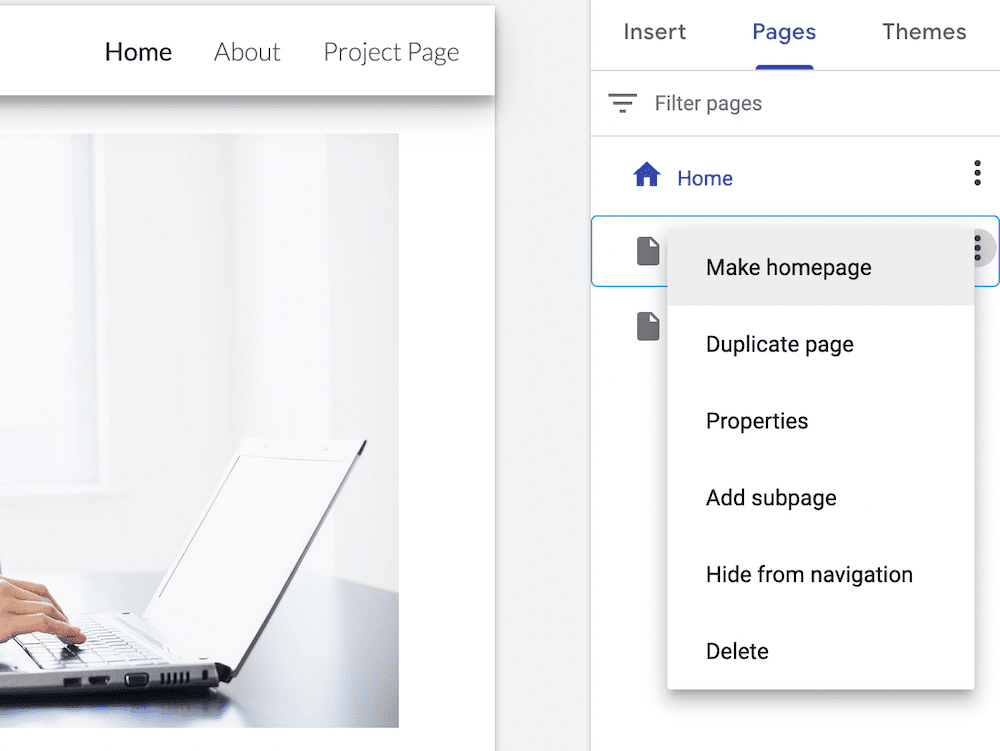 The contextual menu for a page listing.