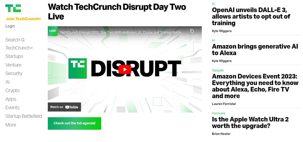 TechCrunch homepage.