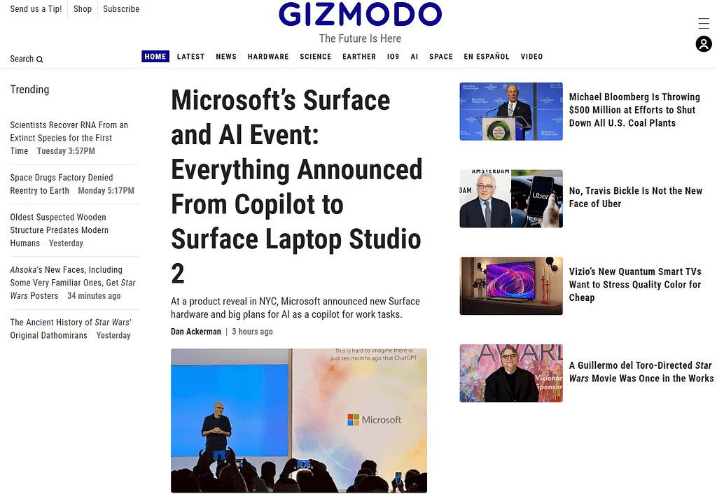 Gizmodo homepage.