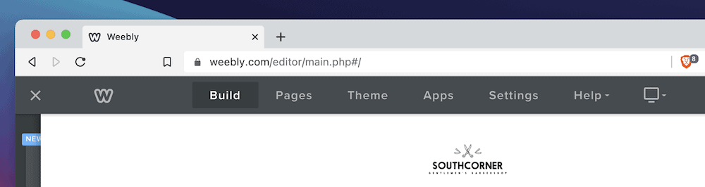 The Weebly navigation bar displayed at the top of the screen.