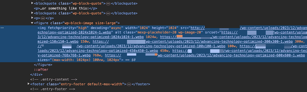 Inspecting media on the front end of a site, showing the different dimensions the Media Experiments plugin generates.