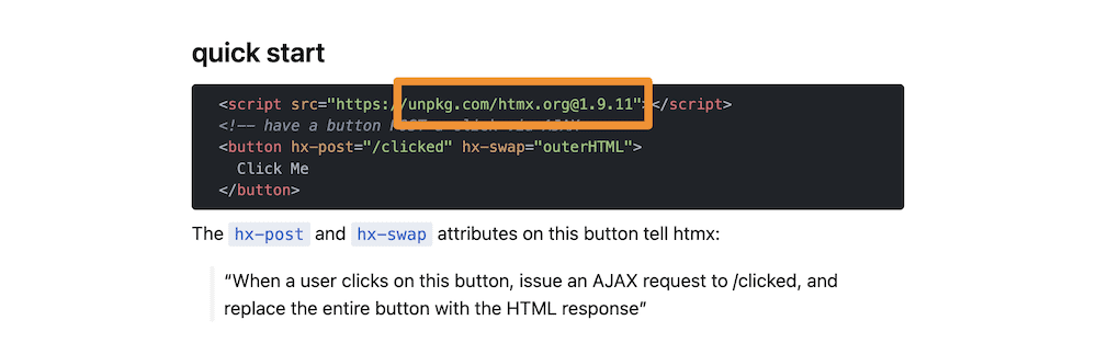 The HTMX quick start script showing the version number in the URL.