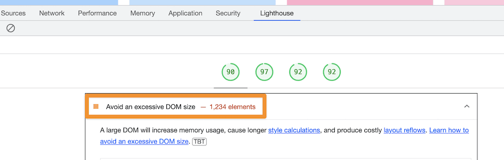 A close up of the 'Avoid an excessive DOM size' warning that shows the number of elements on a page.