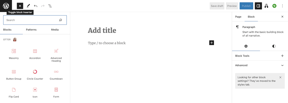 Services Page Design in WordPress: The WordPress Block Editor showing both the left-hand Block Inserter and the right-hand options sidebars.