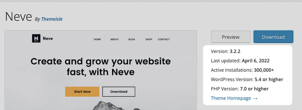 The Updates panel on an individual theme page.