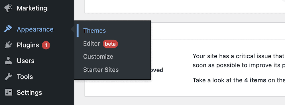 The Appearance > Themes link within WordPress.