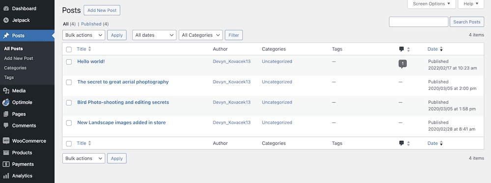 The WordPress back-end, showing the Posts screen.